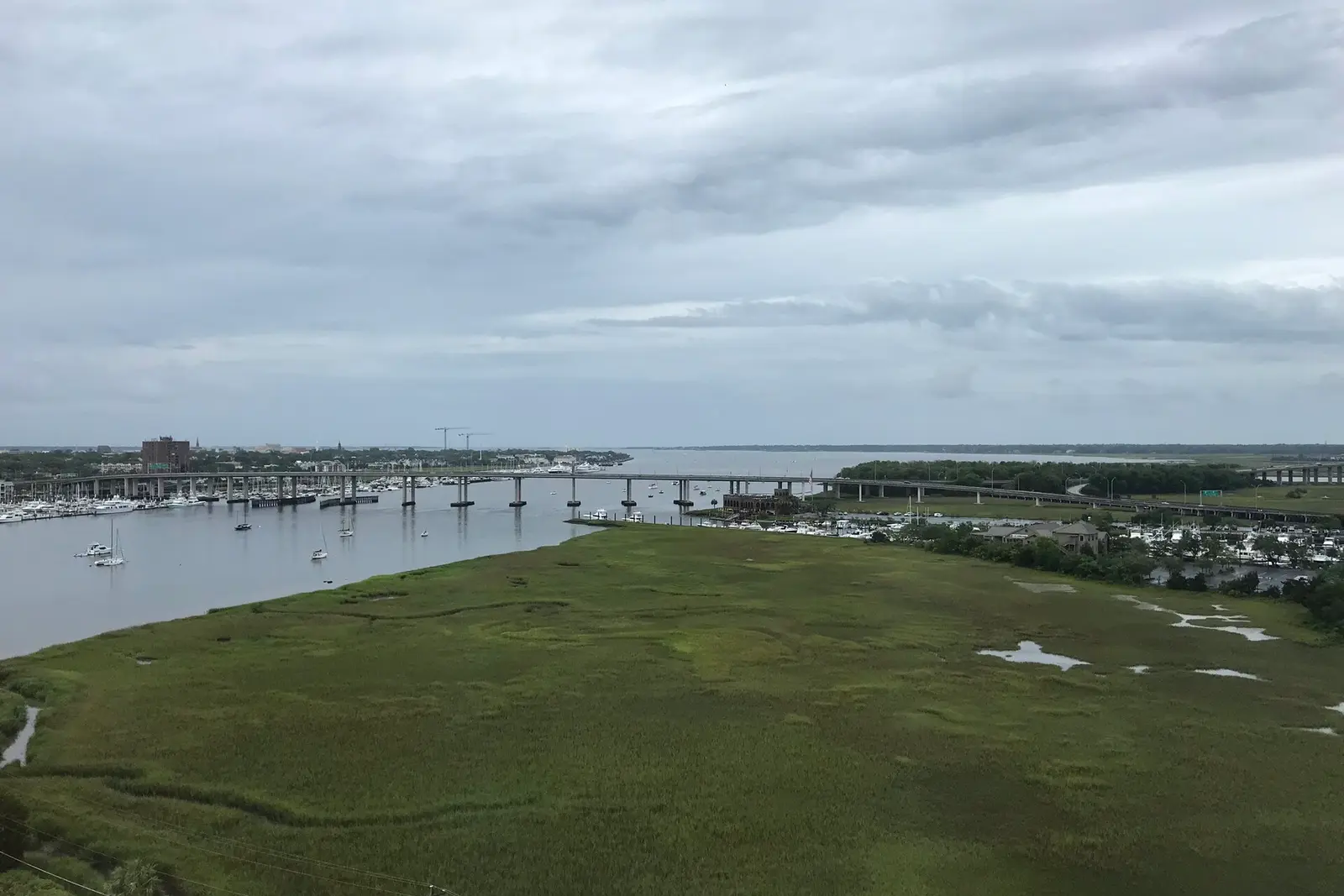 Marsh, marina, and the harbor seen from the James Island Expressway, SC