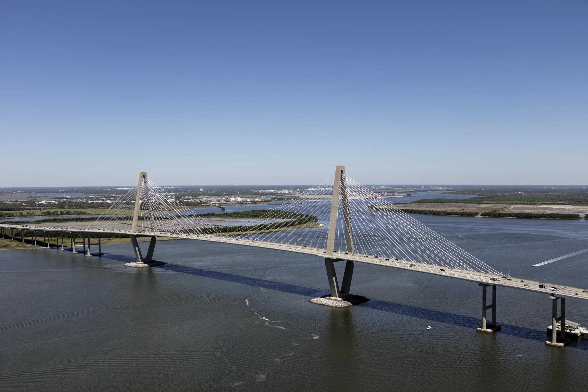 Aerial view of the Arthur Ravenel Jr. Bridge over the Cooper River in Charleston, SC